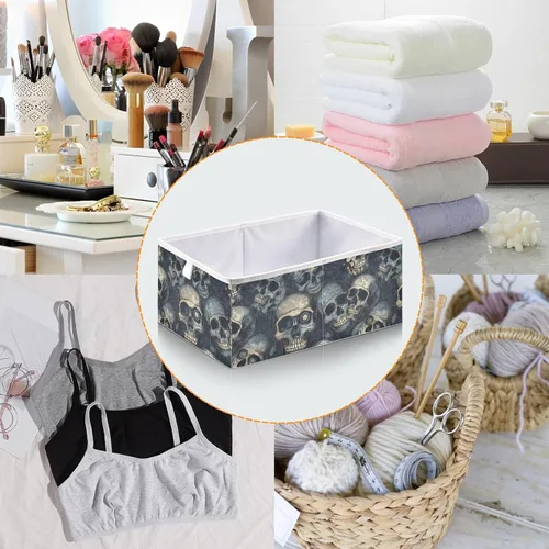 Miniatura 5 de Vnurnrn Cubo de almacenamiento plegable de tela con estampado de calaveras góticas, cubos de almacenamiento con tablero de soporte, canasta plegable