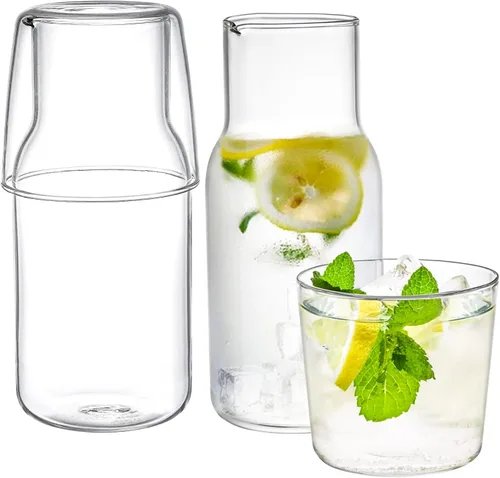 YOUEON Juego de 2 jarras de agua y vasos de 17 onzas, jarra de agua para mesita de noche con tapa de taza, botella de jugo y enjuague bucal para