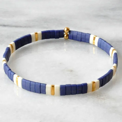 Miniatura 4 de Navy Blue 7 inch Tile Beaded Stretch Bracelet with Nautical Gold Tila Beads