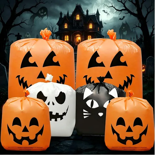 Miniatura 9 de 6 bolsas de calabaza de Halloween para césped, incluye 2 bolsas de 48 x 36 pulgadas de calabaza sonriente y 4 bolsas de basura de Halloween de 30 x