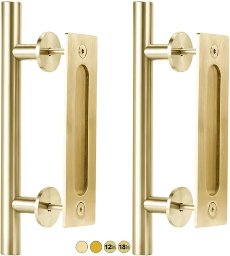 Miniatura 14 de Rio Salto Kit de manijas de puerta de granero dorado de latón cepillado de 12 pulgadas, manija de puerta de armario, manija de aluminio sólido