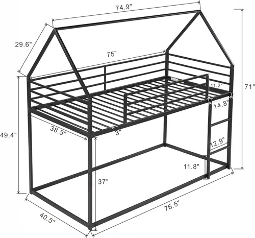 Miniatura 2 de Merax Litera moderna de metal individual sobre cama individual con escalera y barandilla, marco de litera en forma de casa con listones de metal
