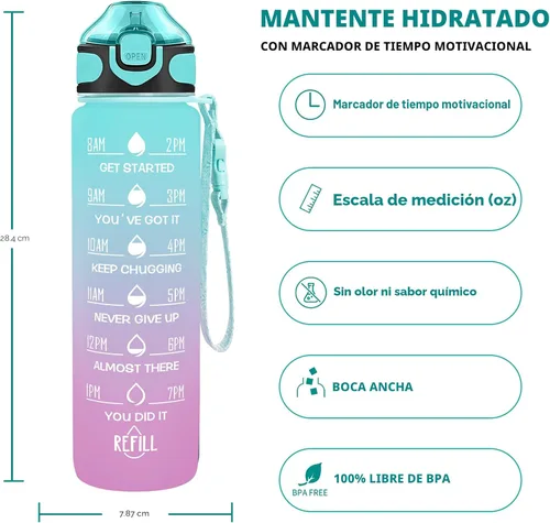 Miniatura 2 de Enerbone Botella de agua potable de 32 oz con tiempos para beber y popote, motivacional con correa para llevar, a prueba de fugas, sin BPA ni