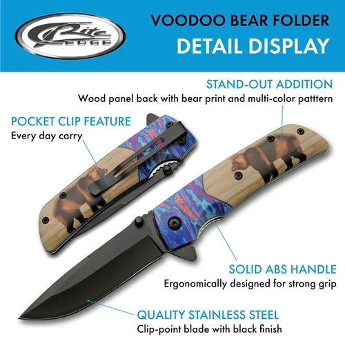 Miniatura 2 de SZCO Supplies Cuchillo plegable al aire libre de 8 "Bear Printed Assisted Open Liner Lock EDC para exteriores, marrón