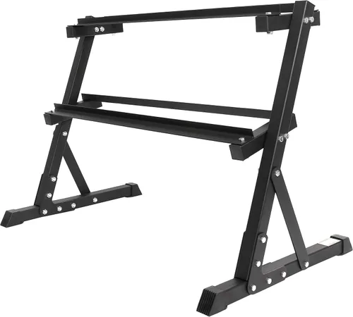 Miniatura 2 de Signature Fitness Fitvids Mancuerna hexagonal con revestimiento de goma, par de 25 libras con estante de 2 niveles, par de 25 libras con 2 estantes