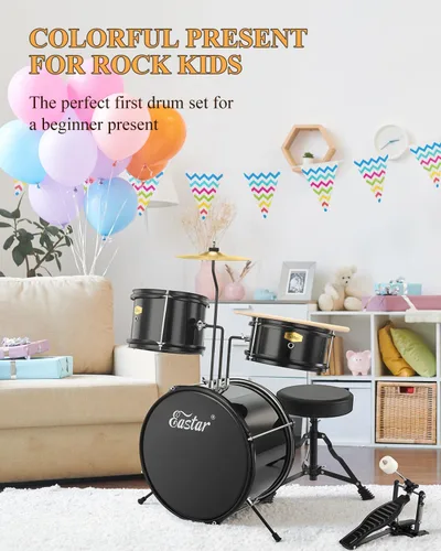 Miniatura 2 de Eastar Batería de 14'' para Niños Principiantes, 3 Piezas con Bombo Tom Snare, Trono Ajustable, Platillo, Pedal y Dos Pares de Baquetas, Metálico