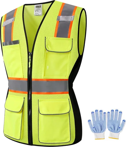 Miniatura 8 de Chaleco de seguridad para mujer, múltiples bolsillos, de alta visibilidad, reflectante, malla transpirable, chaleco de trabajo para dama, cremallera