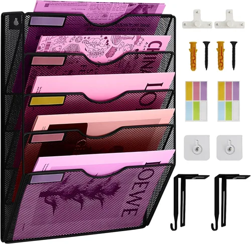 Miniatura 17 de Organizador de archivos de pared de malla con 1 bolsillo, organizador de archivos para colgar en la oficina, revistero, juego de ganchos
