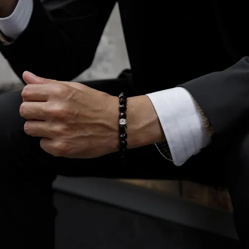 Miniatura 3 de AWNL Pulsera de cuentas para hombre con dije de plata de ley de 0.394 pulgadas (0.394 in) de oro, obsidiana y ojo de tigre natural, regalo
