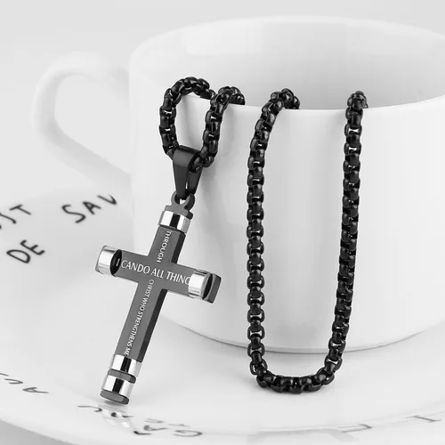 Miniatura 5 de HZMAN - Collar de acero inoxidable con colgante de cruz de fuerza, 3 colores disponibles, texto bíblico en inglés Filipenses 4:13