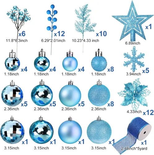 Miniatura 3 de Sratte 94 piezas de adornos para árbol de Navidad, adornos de bolas de Navidad con purpurina, flores de nochebuena, decoraciones con bayas Azul