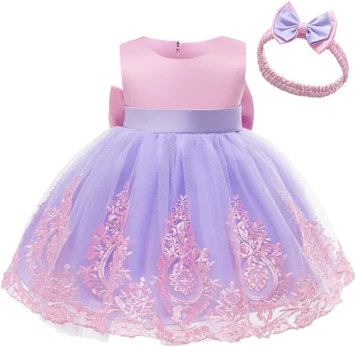Miniatura 3 de 3M-6T - Vestido de encaje con lazo para niñas pequeñas, vestido de bordado con gorro