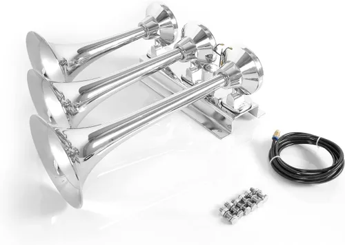 Miniatura 5 de Bocina de tren para camión, 12V/24V, grandes bocinas de aire cromadas de 150 dB, 3 trompetas, bocina fuerte para camión, coche, tren y barco 4