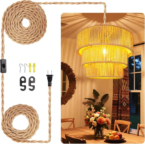 Miniatura 14 de Lámpara colgante de ratán: iluminación colgante de 16.4 pies con cable enchufable, enchufe a toma de pared, interruptor de encendido/apagado