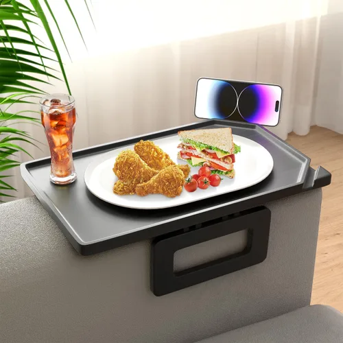 Miniatura 8 de Smatdecis Bandeja de brazo para sofá, mesa de clip para brazos, mesa de bandeja para reposabrazos adecuada para bebidas caseras, comida rápida, Negro