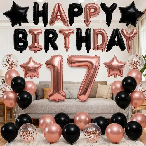 Miniatura 9 de Decoraciones de cumpleaños número 14: globos de papel de aluminio de estrella con el número 14 de oro rosa, confeti de látex para su fiesta