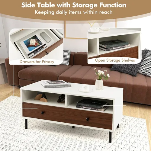 Miniatura 6 de Giantex Mesa auxiliar rectangular de madera, mesa central moderna de 2 niveles con 2 cajones, 2 estantes de almacenamiento, fácil montaje, soporte