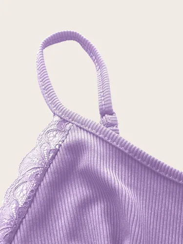 Miniatura 3 de MakeMeChic Camiseta corta sin mangas con cuello en V y ribete de encaje Y2K para mujer