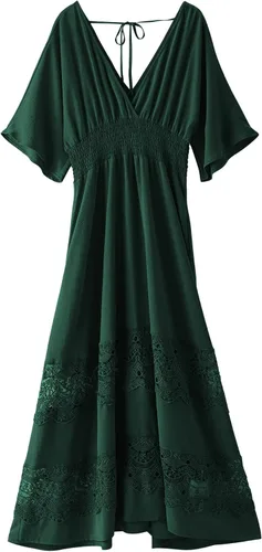 Miniatura 32 de Vestido largo de encaje para mujer de manga corta y cuello en V, vestido de fiesta estilo bohemio con cintura fruncida, vestido bohemio para mujer