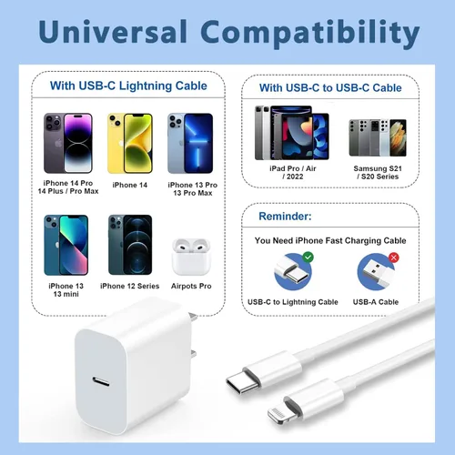 Miniatura 3 de Cargador para iPhone de carga rápida, paquete de 2 bloques de adaptador de cargador de pared USB C de 3 metros con cable USB C a Lightning de carga