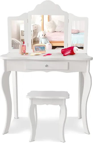 Miniatura 9 de HONEY JOY Juego de tocador para niños con espejo, mesa de tocador de madera 2 en 1 con taburete, espejo plegable y cajón, parte superior extraíble