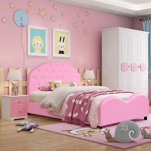 Costzon Armazones de Cama Individual para Niños, Plataforma de Cama Individual Tapizada de Madera con Soporte de Listones, Cabecera y Pie de Cama