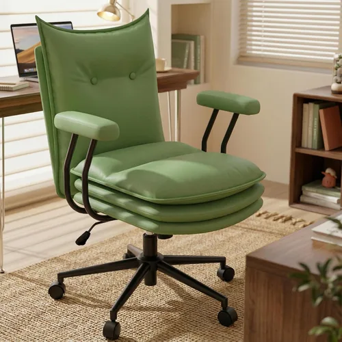 Miniatura 12 de Silla de oficina blanca con asiento ancho grueso de triple capa, silla de escritorio de cuero con respaldo medio con ruedas y brazos, silla de Blanco