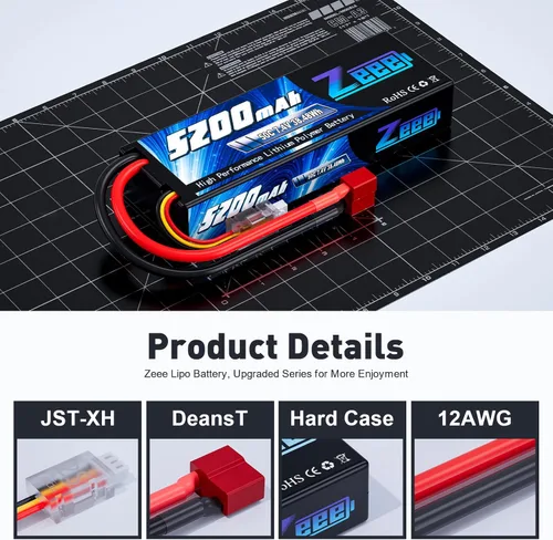 Miniatura 3 de Zeee 2S Lipo Battery 5200mAh 7.4V 50C Estuche rígido Batería Conector T Paquete de 2 baterías con 1 bolsa de seguridad Lipo Bolsa ignífuga a prueba
