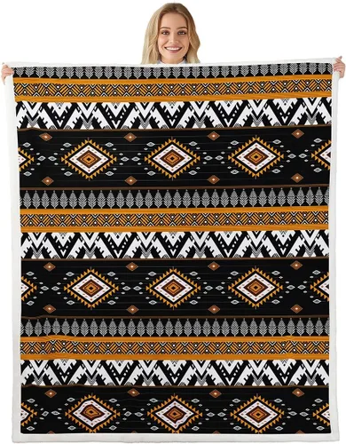 Miniatura 20 de Manta Decorativa Tribal Boho Azteca para Hombres y Mujeres, Manta de Vellón Étnica Bohemia Negro y Blanco de 50"X60", Manta Sherpa del Suroeste