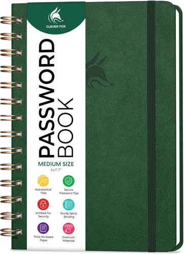 Miniatura 21 de Clever Fox Libro de Contraseñas en Espiral – Organizador de Direcciones de Internet y Contraseñas con Pestañas Alfabéticas Laminadas – Diario Negro