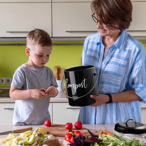 Miniatura 7 de DAYYET Contenedor de compost, 1.3 galones de cocina de granja para encimera de compost, cubo de abono para encimera interior con tapa y filtros