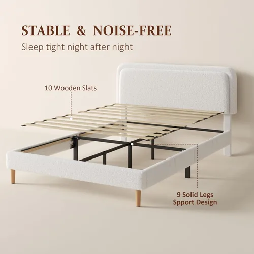 Miniatura 5 de Base de cama de plataforma Boucle tamaño Queen con cabecera ajustable (3 alturas), cama de nube tapizada, esquinas redondeadas suaves, no necesita