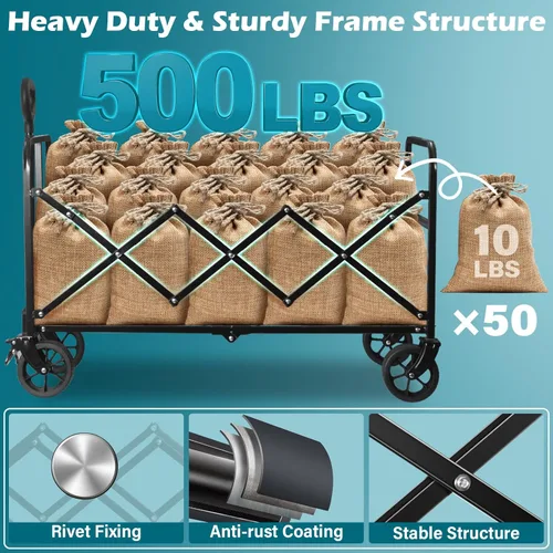 Miniatura 8 de Carro plegable con ruedas: Carro utilitario plegable de 500LBS de alta resistencia - Carro portátil todo terreno para compras de comestibles