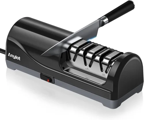 Afilador de cuchillos eléctrico para cocina, afilador de cuchillos eléctrico de 3 etapas con abrasivos 100% de diamante, guía de ángulo de precisión