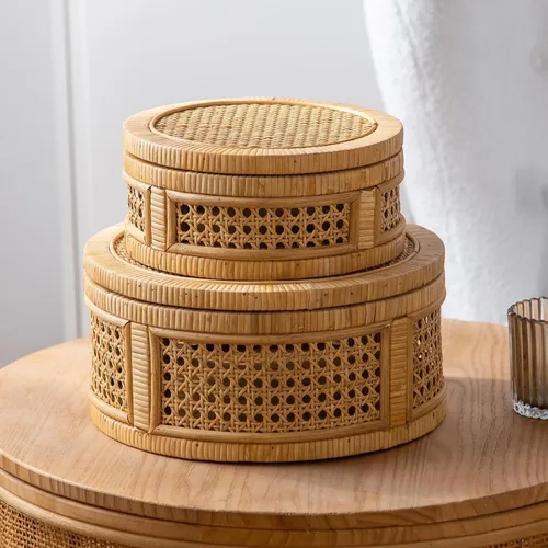 Miniatura 10 de Caja decorativa de bambú natural con tapas, juego de 2 cajas decorativas únicas, caja de recuerdos de boda bohemia, caja de memoria con tapa