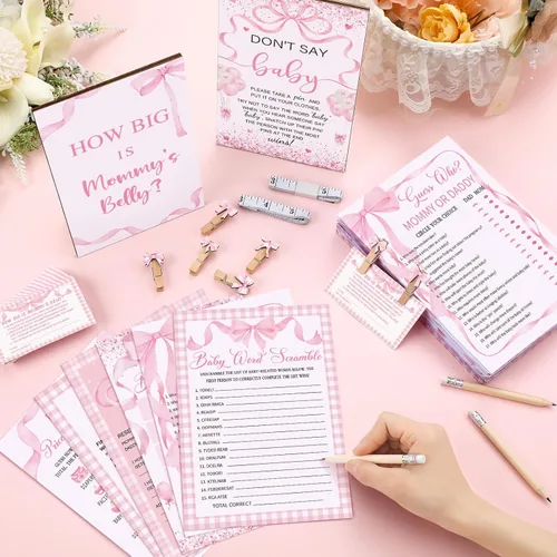 Miniatura 2 de Funnymoom Juego de 426 juegos de baby shower con lazo rosa, 8 juegos, incluye bingo de baby shower, precio correcto, adivina quién, revuelto