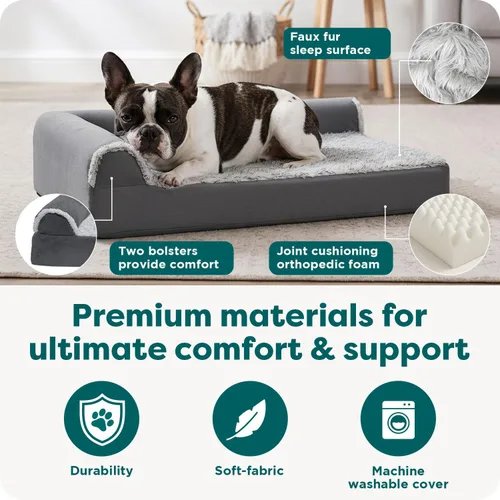 Miniatura 5 de Furhaven - Cama ortopédica de espuma para perros, de piel sintética y gamuza, en forma de L, en dos tonos estilo caja de huevos, color gris piedra