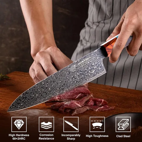 Miniatura 4 de Cuchillo de chef de Damasco, cuchillos de cocina japoneses de 8 pulgadas con 67 capas, acero inoxidable de alto carbono afilado con mangos Negro
