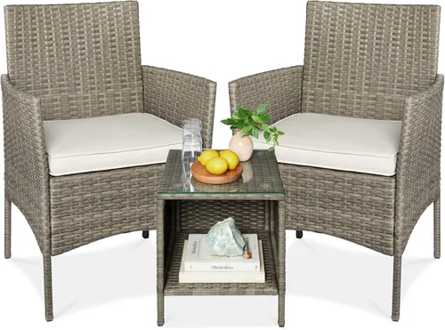 Miniatura 8 de Best Choice Products Juego de 3 piezas de mimbre para conversación al aire libre, muebles de patio que ahorran espacio para jardín con mesa