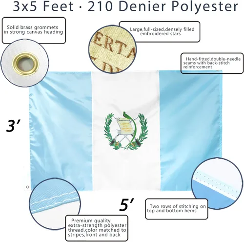 Miniatura 2 de Anley serie EverStrong - Bandera de Guatemala bordada de 3 x 5 pies, cabecera de lona bordada y resistente, 4 filas de costuras de bloqueo, bandera
