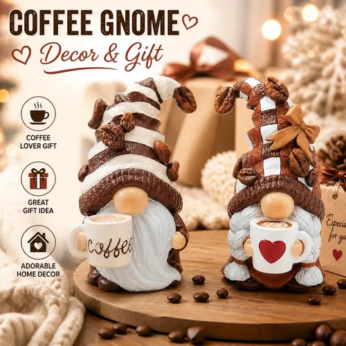 Miniatura 3 de Hodao 2 piezas de figuritas de gnomos de café - Decoración de elfo enano Tomte sueco para bar, hogar, regalos, decoración de rincón de café