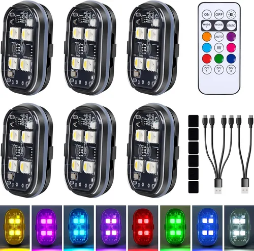 4 LEDs mejorados, 6 piezas de luces estroboscópicas LED inalámbricas con control remoto, 8 colores, luces LED recargables Type-C, luz de advertencia