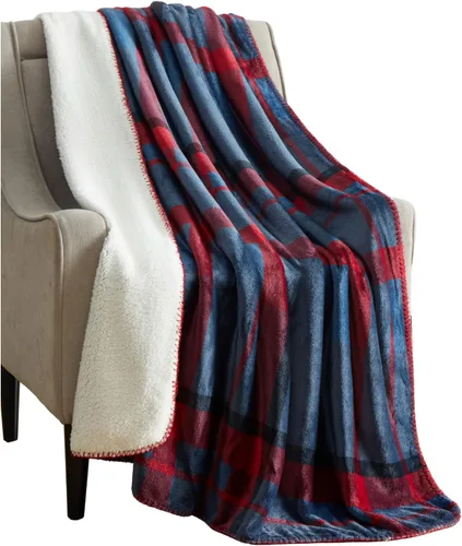 Miniatura 5 de Serafina Home Manta de franela de invierno Sherpa para vacaciones: diseño a cuadros de tartán rojo y azul, forro polar mullido, felpa cálida, acento