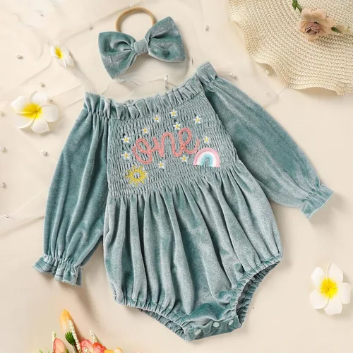 Miniatura 37 de GRNSHTS Ropa de primer cumpleaños para niña de terciopelo de un año de edad, mameluco de manga larga + diadema, 2 piezas de trajes de pastel