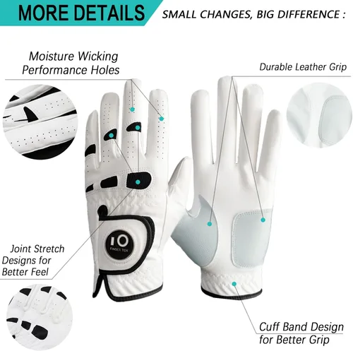 Miniatura 2 de FINGER TEN Guantes de golf para hombre con marcador de pelota, para mano izquierda y derecha, paquete de 2, Weathersof Grip suave y cómodo, talla S