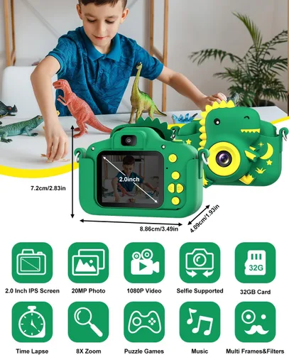 Miniatura 2 de Cámara para niños, Cámara digital para niños pequeños de dinosaurio para niños de 3 a 12 años, regalos de Navidad y cumpleaños, cámara de video HD