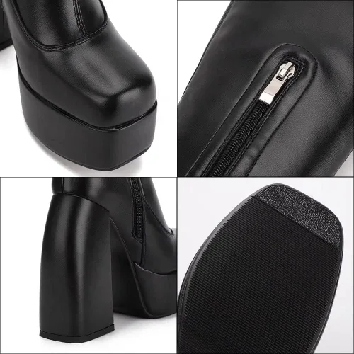 Miniatura 3 de Botas altas hasta la rodilla para mujer, tacón alto, punta redonda, cremallera lateral, estilo punk, botas de combate para mujer