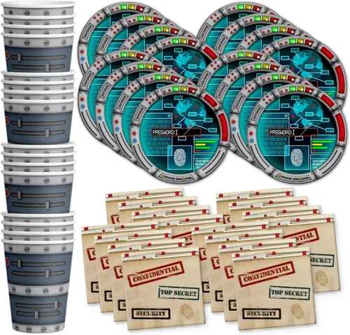 Secret Agent Top Secret Spy - Juego de suministros para fiesta de cumpleaños, platos, servilletas, tazas, vajilla para 16 personas
