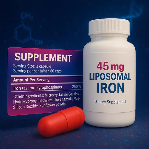 Miniatura 3 de Suplemento de hierro liposomal máximo 60 cápsulas (45 mg de hierro elemental puro) por Siba Pharm Fórmula de máxima absorción Sin OMG, vegano