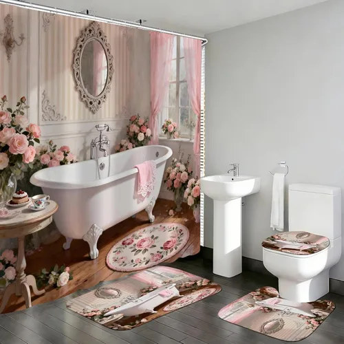 Miniatura 10 de DDQQ Juego de 4 cortinas de ducha sexy para mujer, con lazo de perlas, juego de decoración de baño de flores rojas a la moda, juego de cortinas